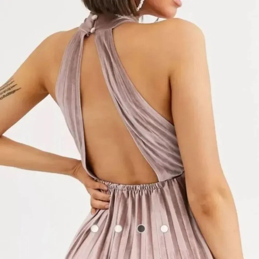 ASOS High Neck Pleated Champaign Pink Formal Maxi Dress Velvet Size 8 Chic Glam - Picture 4 of 16